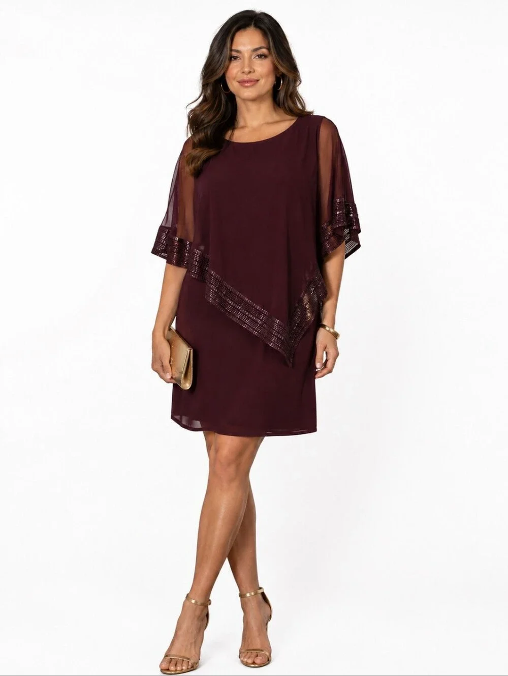 SLNY Burgundy Beaded Chiffon Overlay Cocktail Dress Elegant Evening Party Dress
